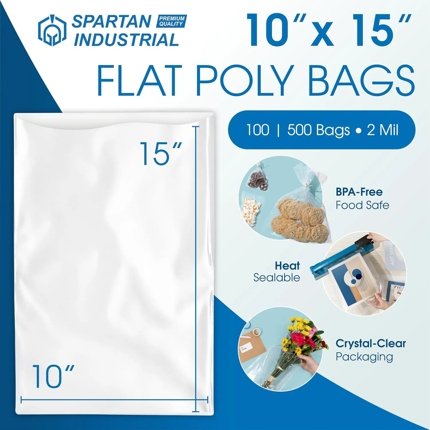 Spartan Industrial - 10” X 15” (100 Count) 2 Mil Heavy Duty Flat Open End Clear Plastic Poly Bags - For Magazine Sleeves, Packaging Clothes, Artwork (Bags DO NOT Have Seal & DO NOT Have Prints)