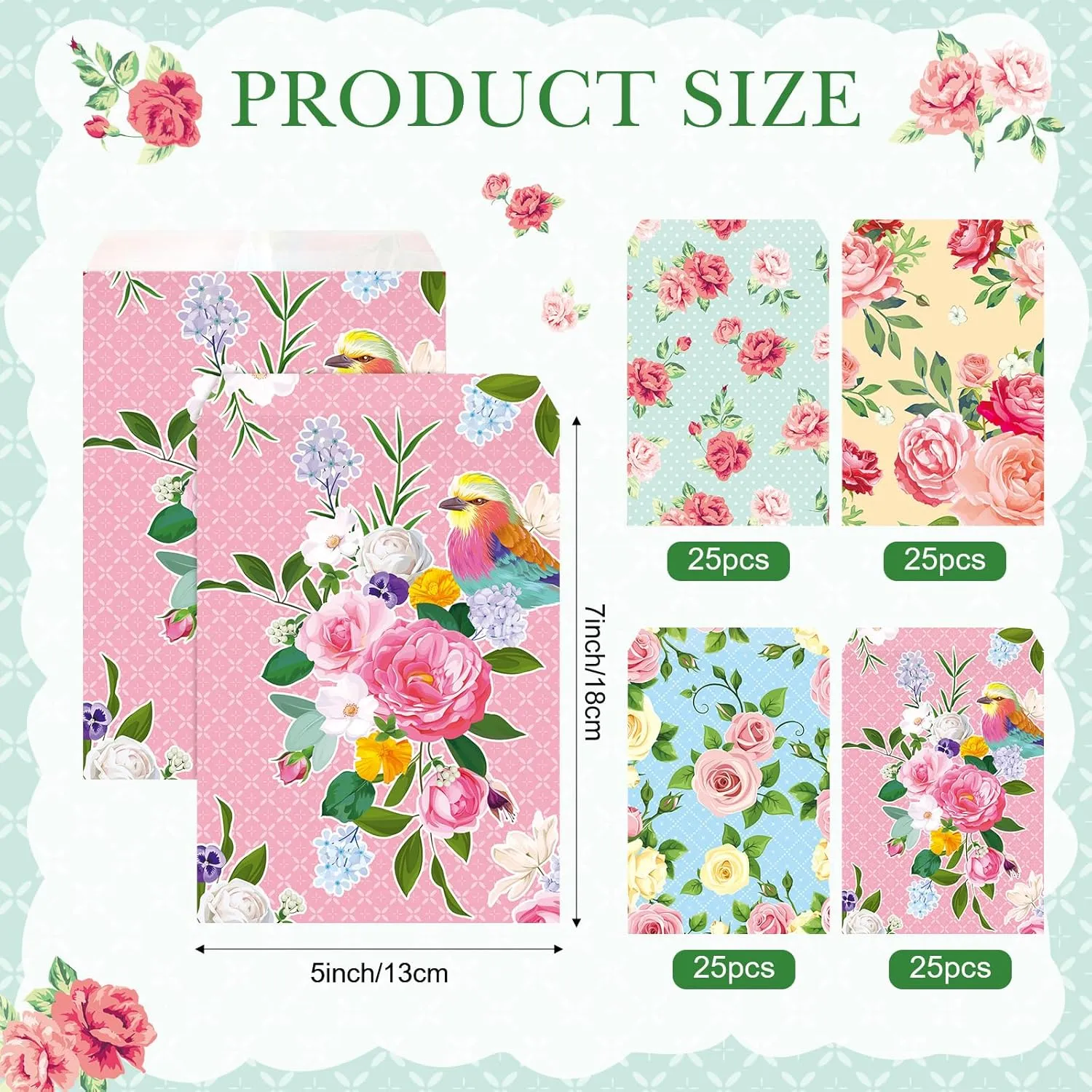 Tinlade 100 Pcs Tea Party Gift Bags 5 x 7 Inch Spring Party Treat Pouch Floral Paper Favor Bag Self-adhesive Floral Candy Pouches for Tea Wedding Bridal Shower Birthday Mother's Day Supply (Flower)
