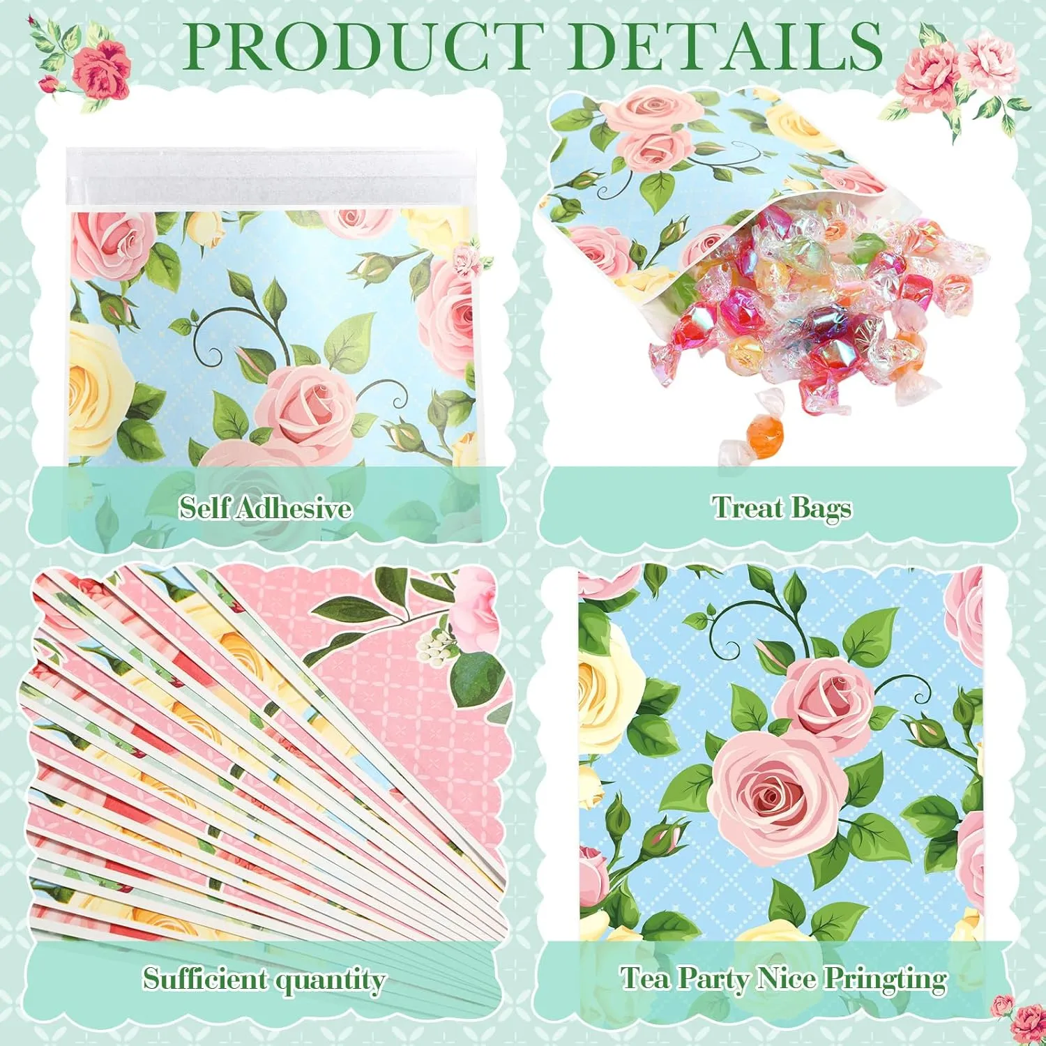 Tinlade 100 Pcs Tea Party Gift Bags 5 x 7 Inch Spring Party Treat Pouch Floral Paper Favor Bag Self-adhesive Floral Candy Pouches for Tea Wedding Bridal Shower Birthday Mother's Day Supply (Flower)