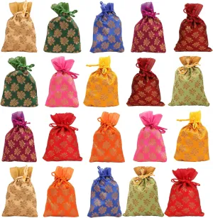 Touchstone Drawstring Bags Traditional Indian Handcrafted in Mimosa leaf Pattern Brocade fabric. Perfect for Gifts Jewelry Weddings Sweet Distribution Set of 20 Vibrant Multicolor Pouches Purses Potli