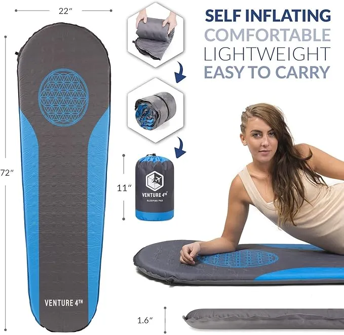 VENTURE 4TH Self Inflating Sleeping Pad - No Pump Required, Easy-Inflate - Warm, Quiet, Supportive Mattress for a Comfortable Night's Sleep - Compact Ultralight Mat - Ideal For Backpacking and Camping