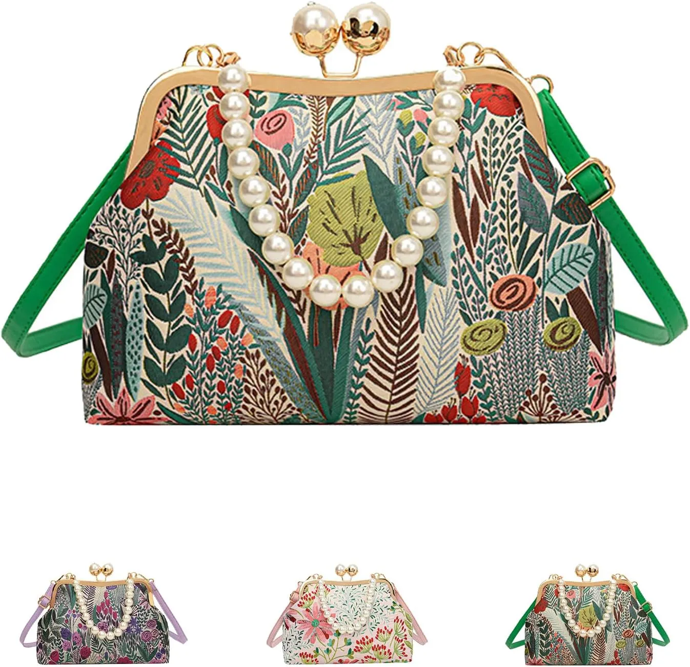 Vintage Embroidered Flower Handbag, Flower Embroidery Rustic, Retro Pearl Chain Crossbody Bag with Kiss Lock Closures