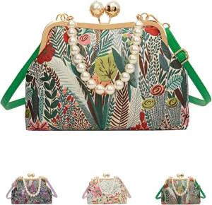Vintage Embroidered Flower Handbag, Flower Embroidery Rustic, Retro Pearl Chain Crossbody Bag with Kiss Lock Closures