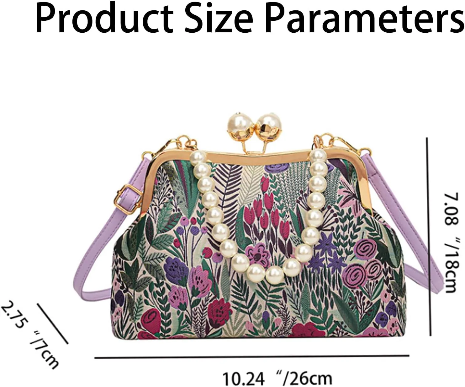 Vintage Embroidered Flower Handbag, Flower Embroidery Rustic, Retro Pearl Chain Crossbody Bag with Kiss Lock Closures