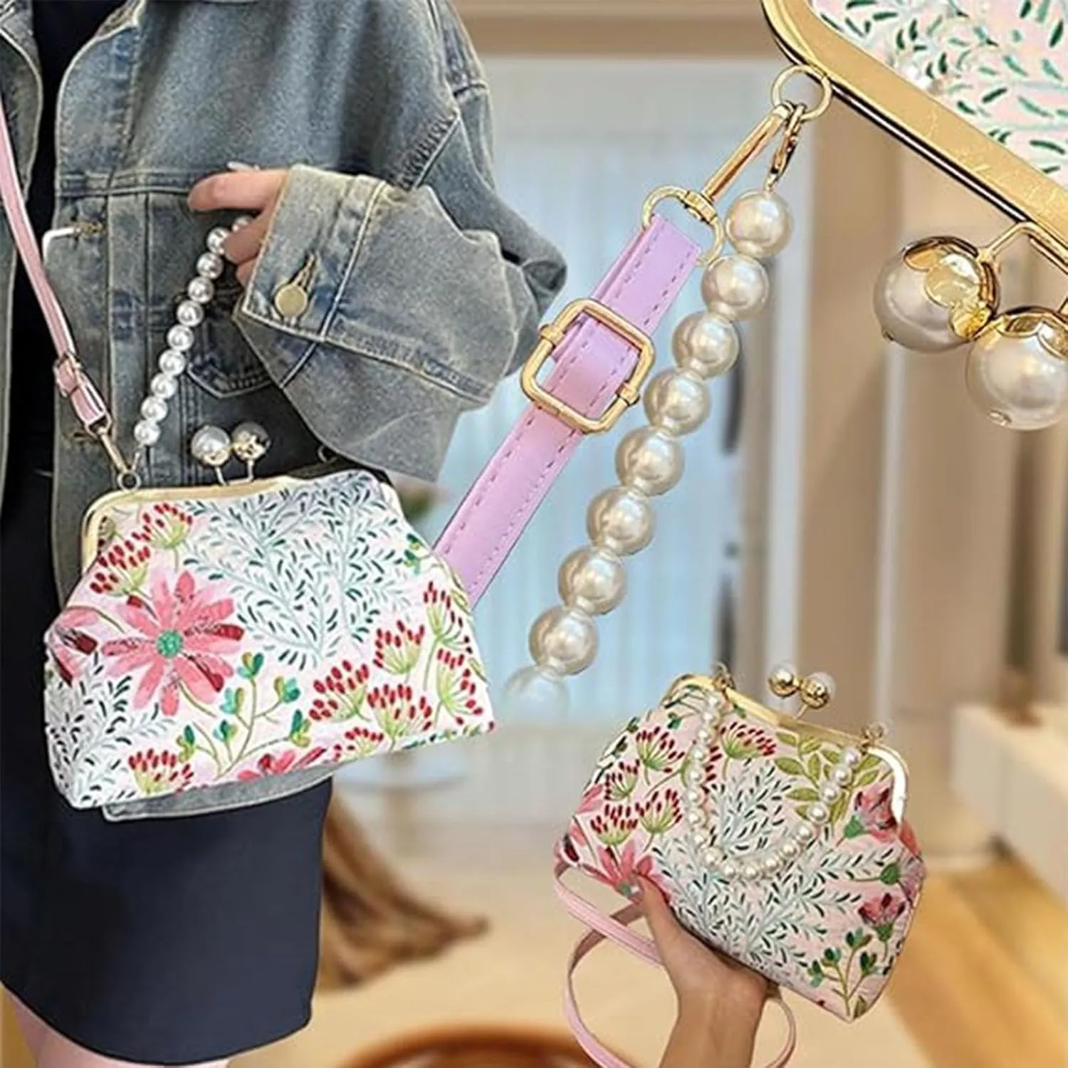 Vintage Embroidered Flower Handbag, Flower Embroidery Rustic, Retro Pearl Chain Crossbody Bag with Kiss Lock Closures