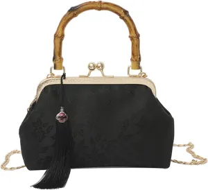 Vintage Embroidered Flower Handbag, Retro Pearl Chain, Flower Embroidery Rustic Shoulder Bag with Lock Closure Bag for Women