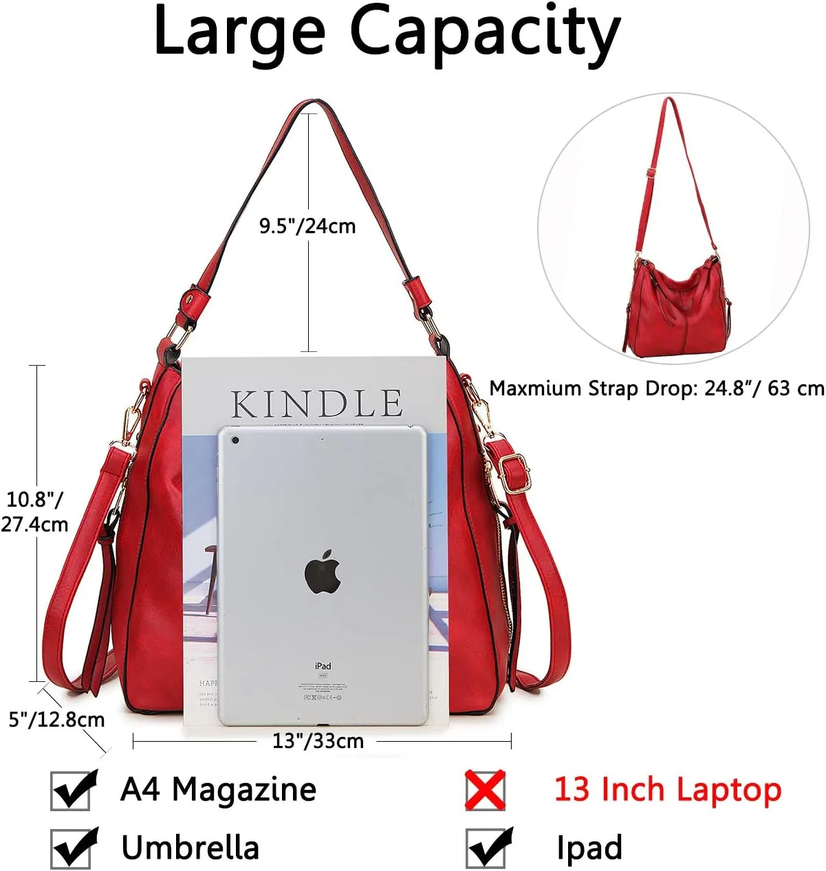 VX VONXURY Hobo Bags for Women, Faux Leather Tote Purse Ladies Handbag Medium Shoulder Bags with Side Pockets for Work Travel