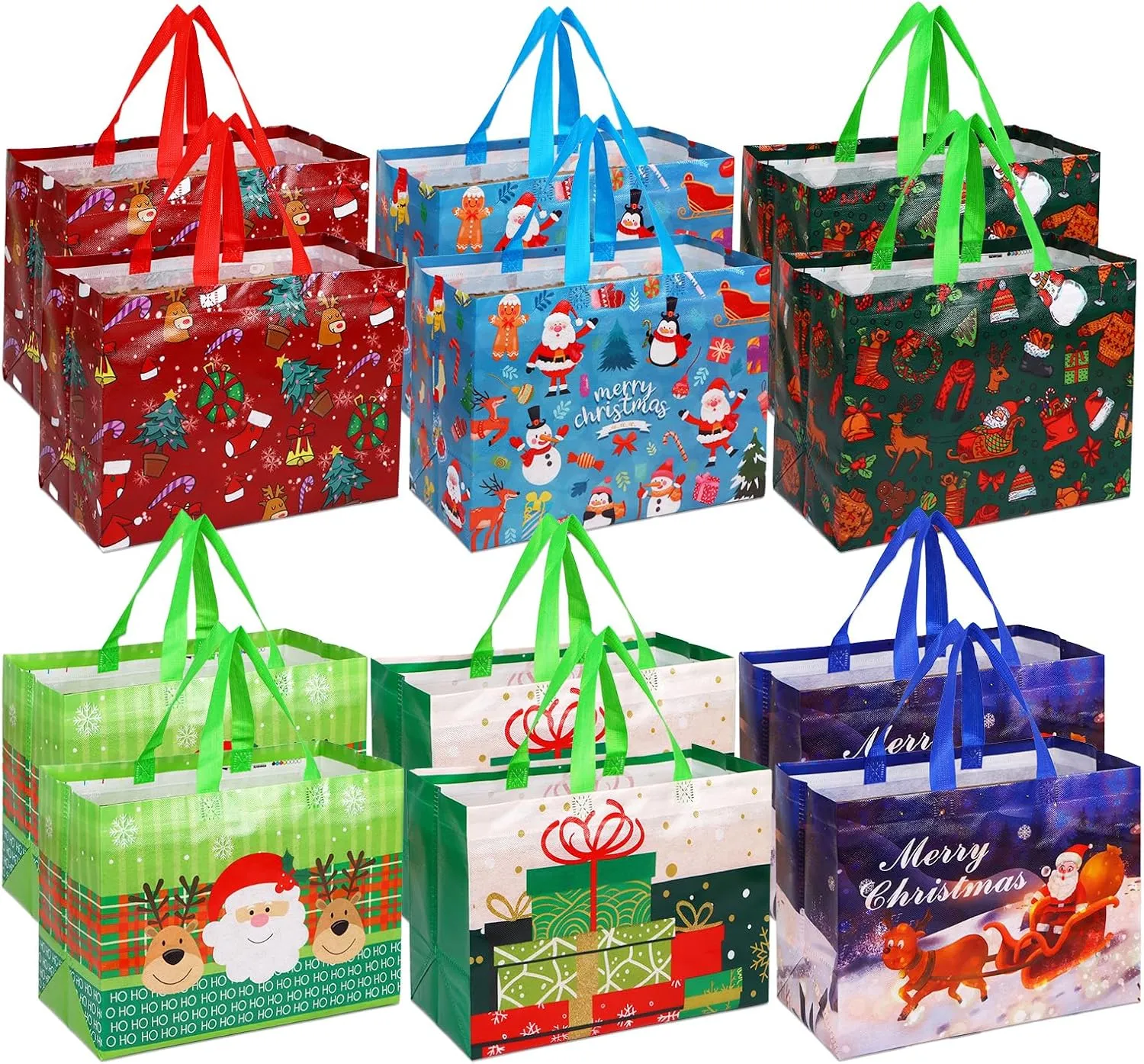 WhatSign 12PCS Christmas Bags - Large Reusable Non-Woven Tote Bags for Gifts, Xmas Party & Holiday Favors