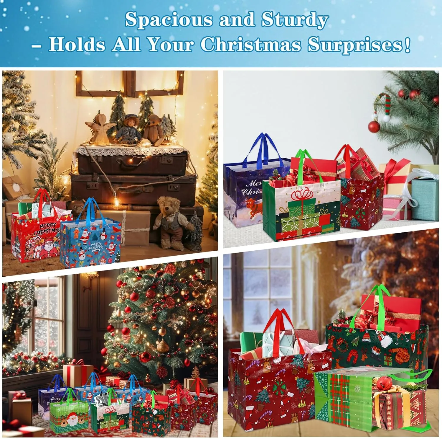WhatSign 12PCS Christmas Bags - Large Reusable Non-Woven Tote Bags for Gifts, Xmas Party & Holiday Favors