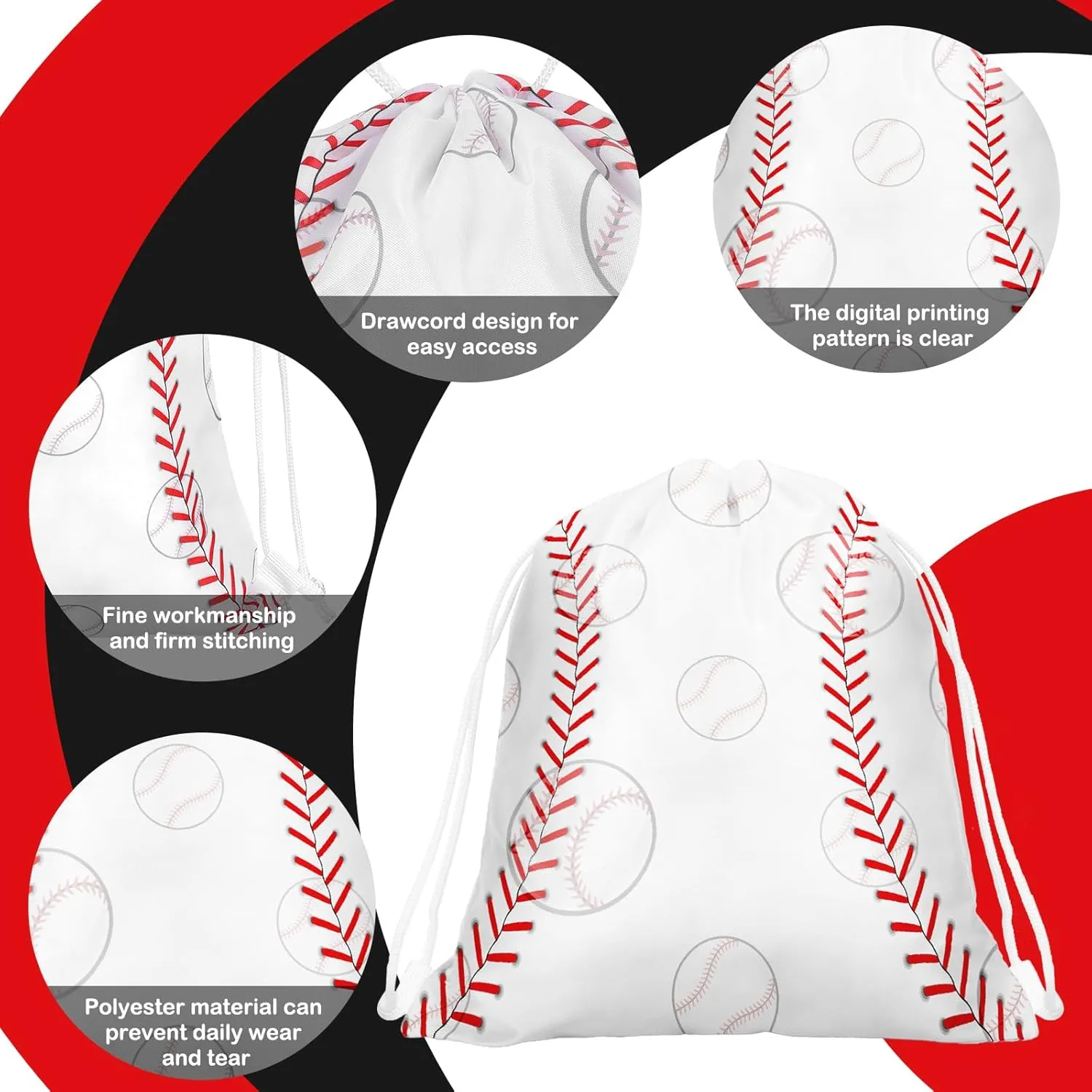 Woanger 36 Pcs Bulk Baseball Party Favor Bags Gift Baseball Drawstring Snack Candy Treat Bags Team Sports Theme Ball Party Supplies (White)