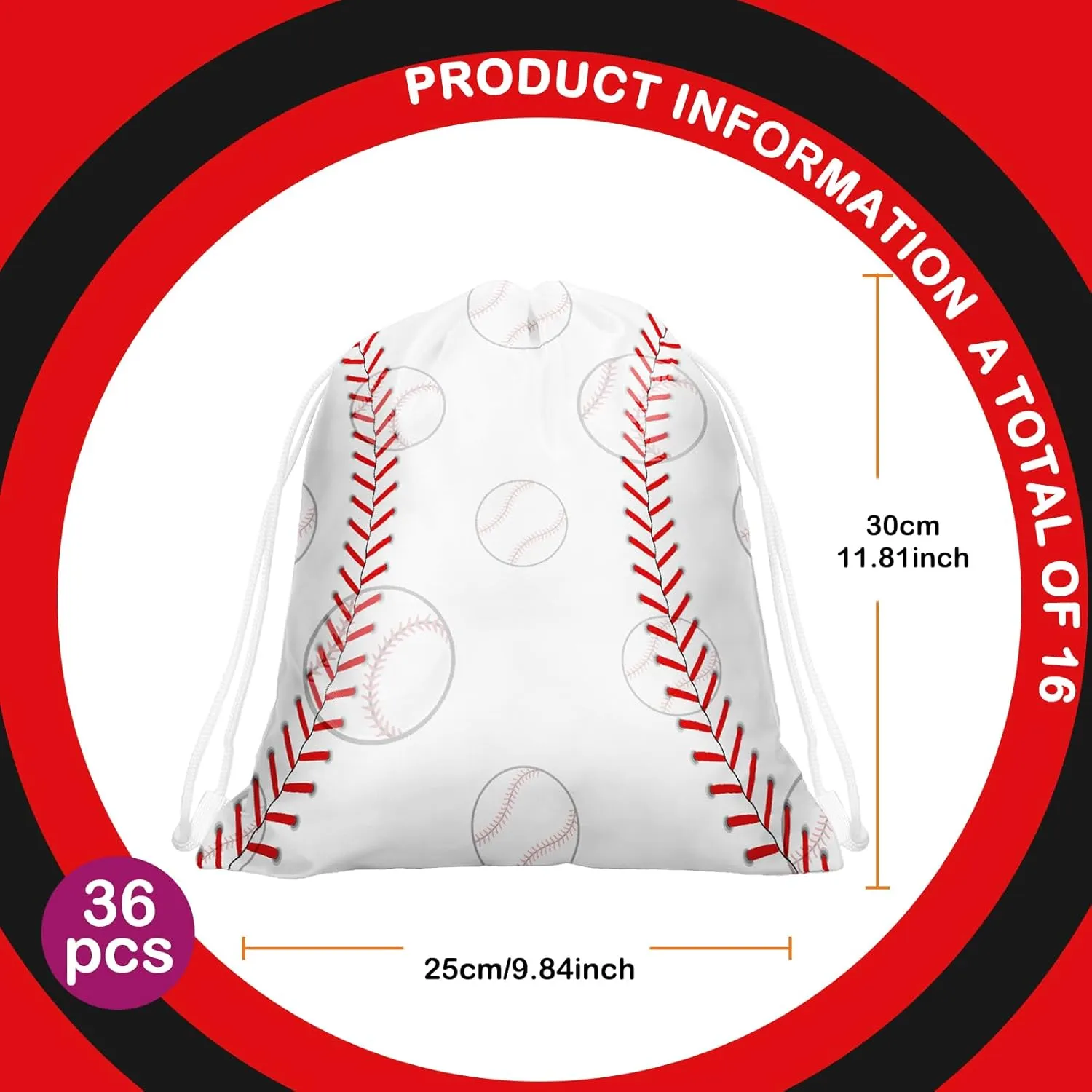 Woanger 36 Pcs Bulk Baseball Party Favor Bags Gift Baseball Drawstring Snack Candy Treat Bags Team Sports Theme Ball Party Supplies (White)