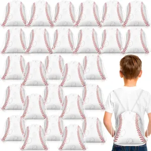Woanger 36 Pcs Bulk Baseball Party Favor Bags Gift Baseball Drawstring Snack Candy Treat Bags Team Sports Theme Ball Party Supplies (White)