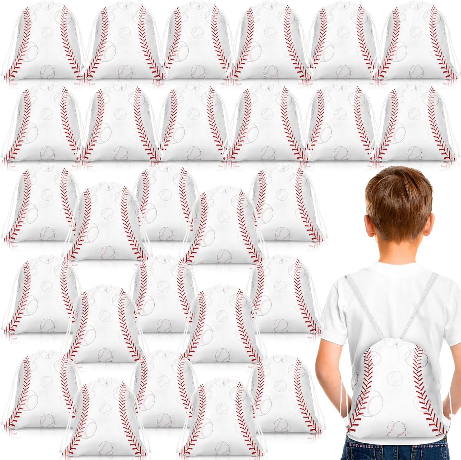 Woanger 36 Pcs Bulk Baseball Party Favor Bags Gift Baseball Drawstring Snack Candy Treat Bags Team Sports Theme Ball Party Supplies (White)