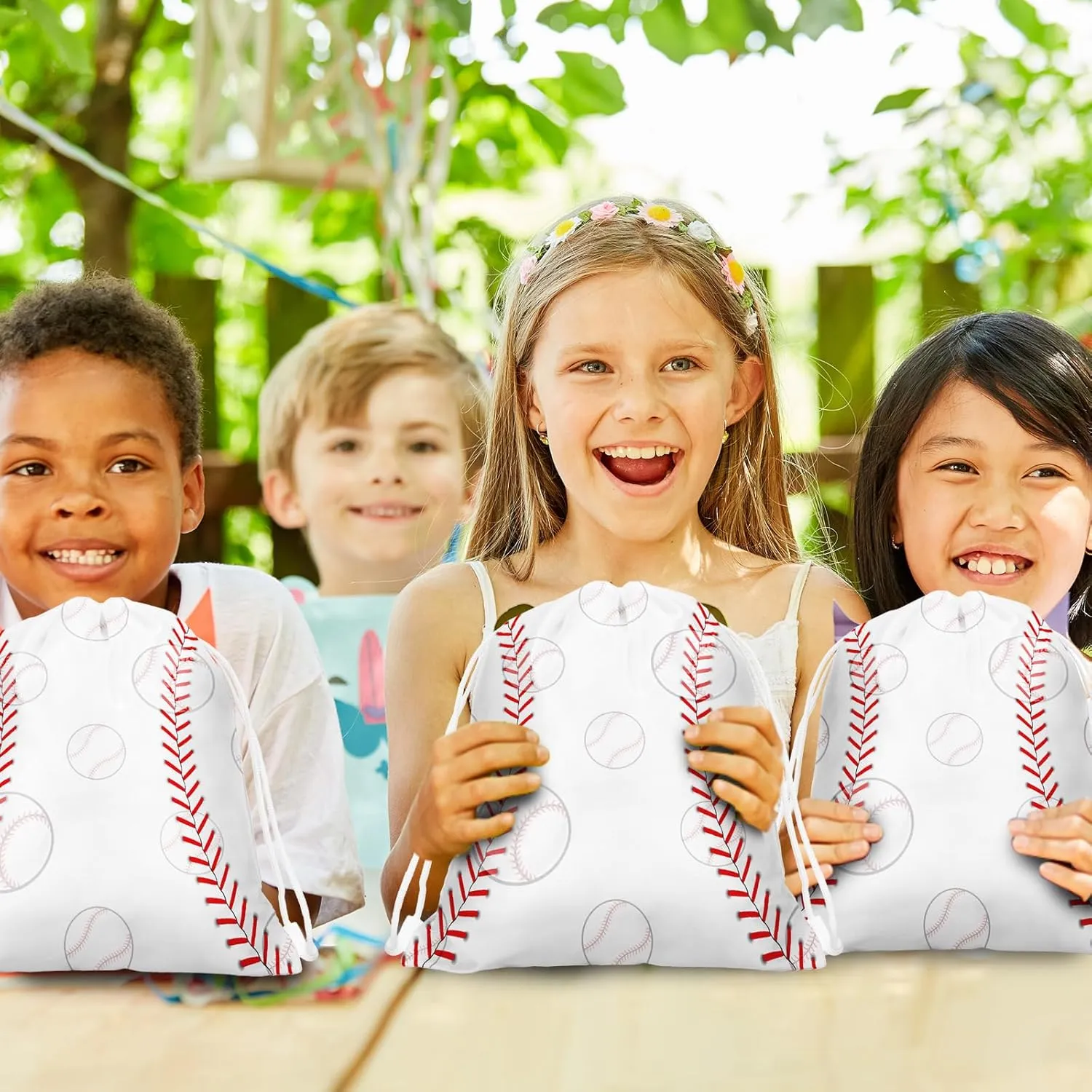 Woanger 36 Pcs Bulk Baseball Party Favor Bags Gift Baseball Drawstring Snack Candy Treat Bags Team Sports Theme Ball Party Supplies (White)