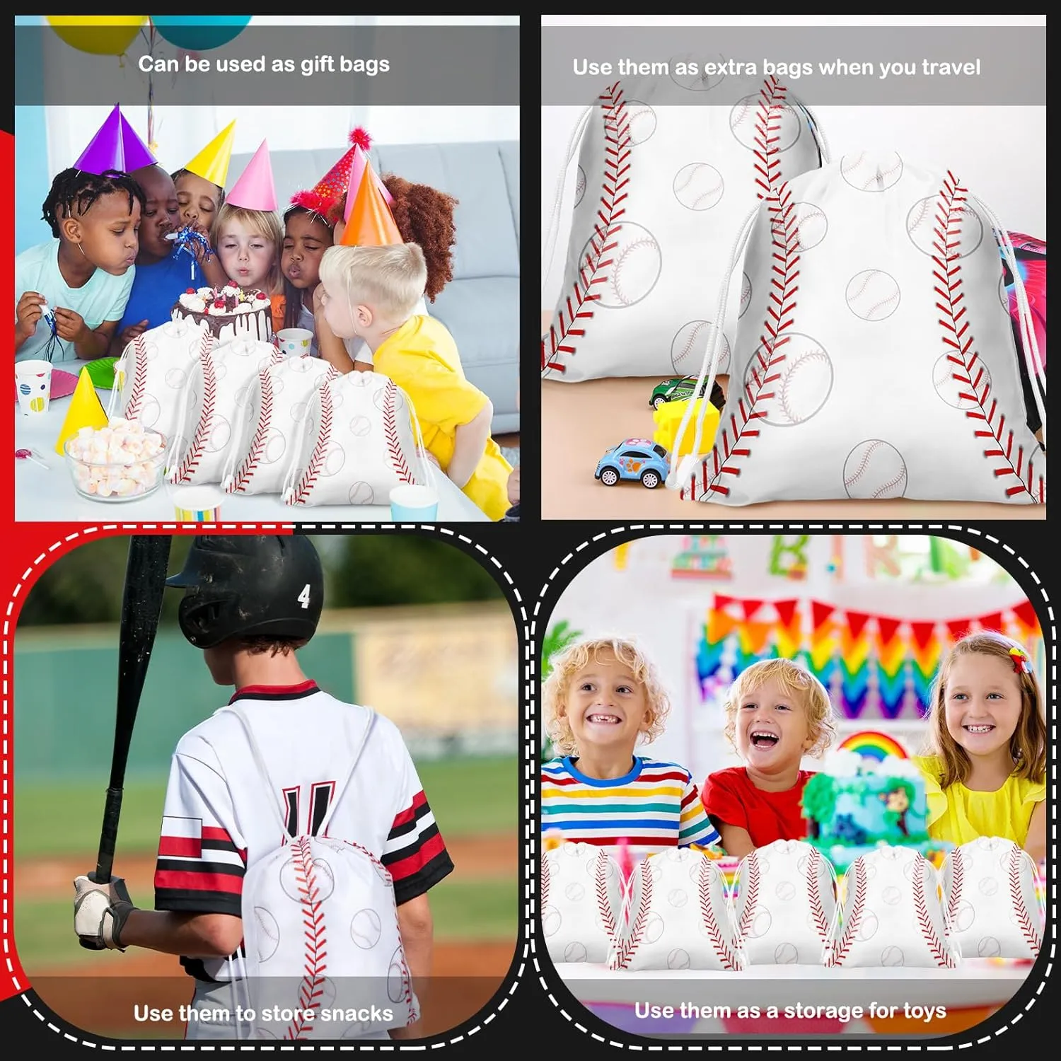 Woanger 36 Pcs Bulk Baseball Party Favor Bags Gift Baseball Drawstring Snack Candy Treat Bags Team Sports Theme Ball Party Supplies (White)