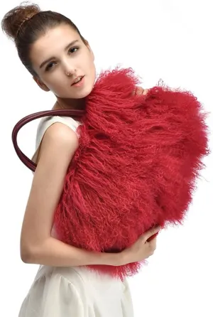 Women Luxury Real Lamb Mongolian Flush Wool Fur With Genuine Leather Handles Handbag