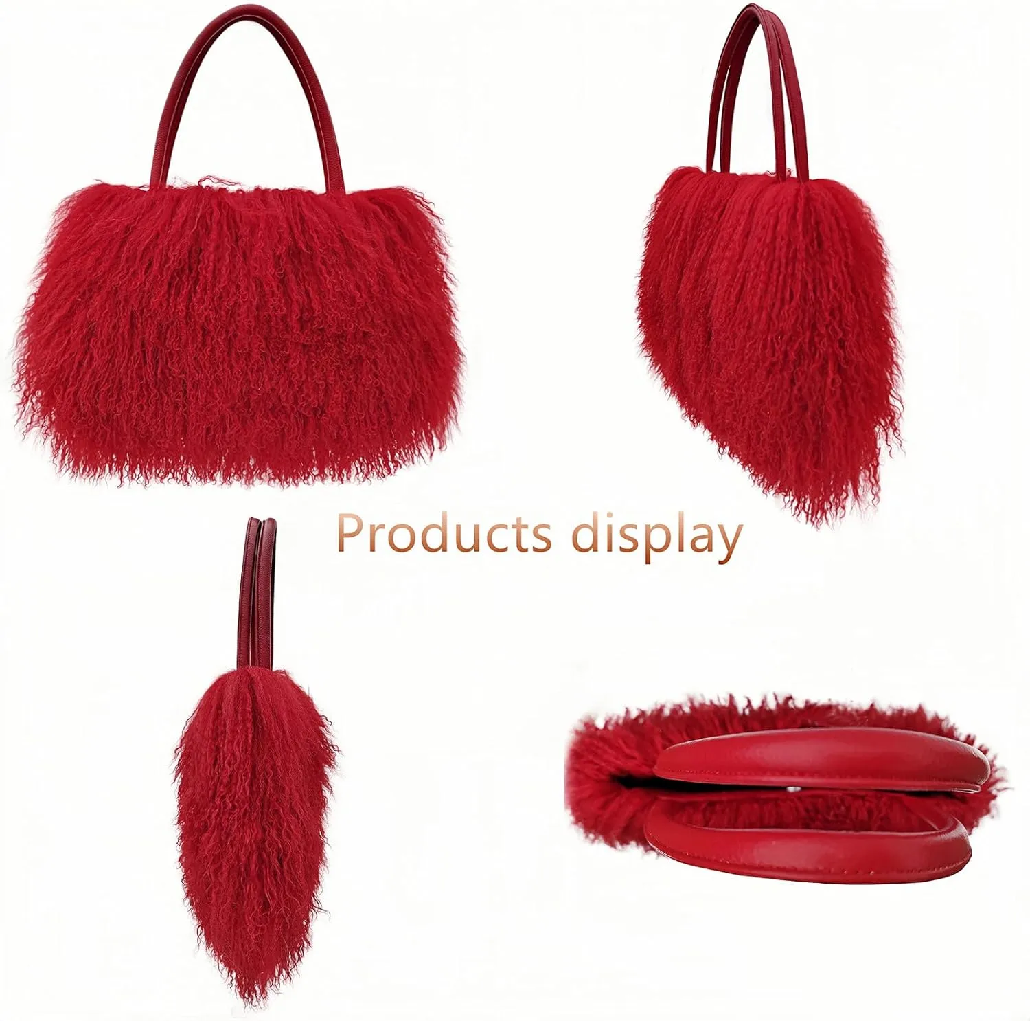 Women Luxury Real Lamb Mongolian Flush Wool Fur With Genuine Leather Handles Handbag