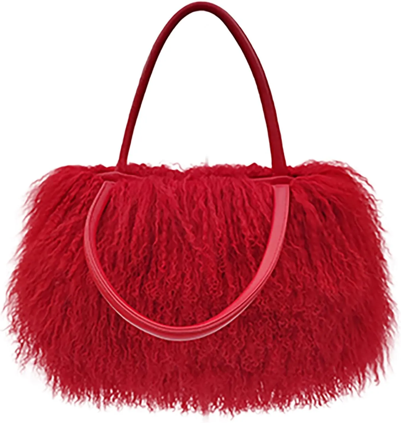 Women Luxury Real Lamb Mongolian Flush Wool Fur With Genuine Leather Handles Handbag