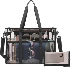 Women's Clear Beach Bag with Detachable Phone Pouch - Foldable, Waterproof Clear Tote Bags for Beach, Pool, Stadium